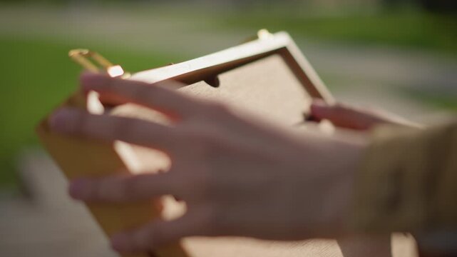 open paint kit revealing colorful jars, hands sorting acrylic tubes and brushes inside wooden case on park bench, sunlight catch on lids, artist preparing palette for street sketching, lively creative