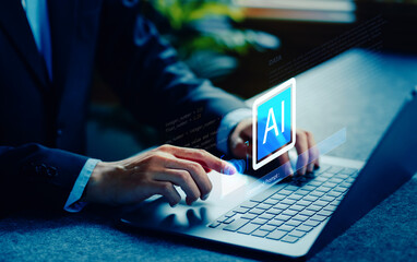 Leveraging AI for Enhanced Productivity A Professional Using an Artificial Intelligence Assistant in a Modern Office Environment Focused on Innovation and Efficiency