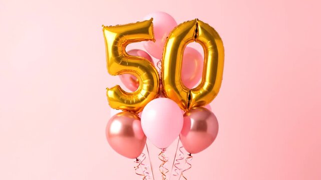 50th birthday balloon arrangement on pink.