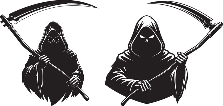 Two grim reapers with scythes, symbolizing death, mortality, or the end of life.