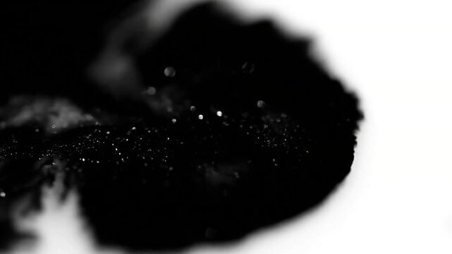 Dynamic Liquid Motion A close-up view of dark, viscous ink slowly swirling and merging, highlighting the glossy surface and the subtle play of light.