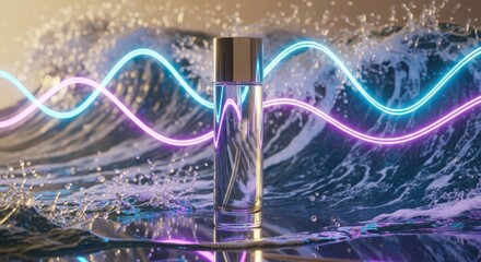 Perfume bottle with water splash and light waves background