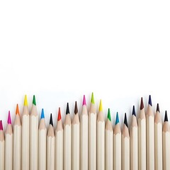 Vibrant colored pencils arranged in a row on white background for art and design
