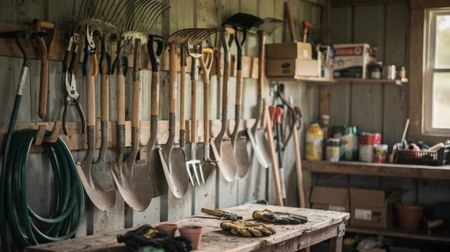 Medium shot of a lightly cluttered tool storage shed with rows of gardening equipment sharply focused while the background shelves fade softly into blur.