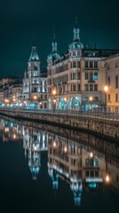 Obraz premium european. A European canal glows under atmospheric streetlights, reflecting historic architecture. real-estate listings. 