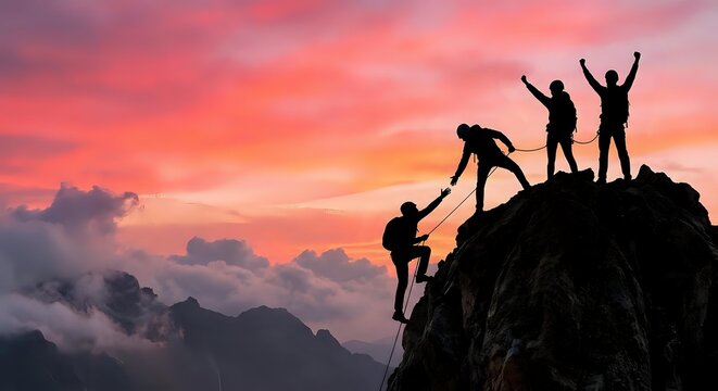 Team of climbers helping each other reach mountain summit at dramatic sunset with pink sky. Teamwork, leadership and success concept for business motivation.