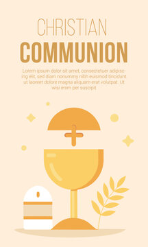 Minimalist flat design illustration of christian communion, featuring a golden chalice, host, and sacred symbols.