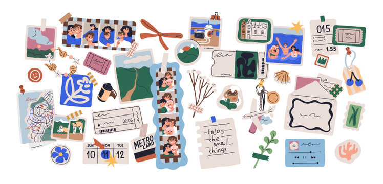 Memory board, life moments scrapbook collage. Personal memories, keepsake collection, visual diary with photo film, tickets, paper note, stickers. Flat vector illustration isolated on white background