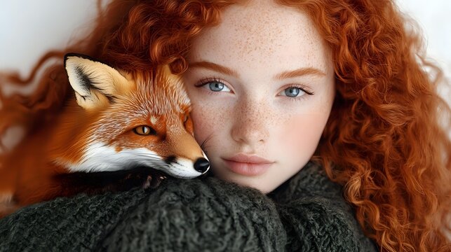 Young redhead woman with freckles holding red fox close to face, curly hair, green sweater, wildlife portrait, nature connection, animal friendship concept.