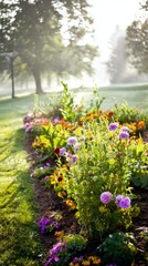 Naklejka premium dew. A vibrant flower bed bathed in morning mist, creating a dreamy English garden atmosphere. gardening catalogs, home-decor guides, designed for gardening and botanical catalogs. 