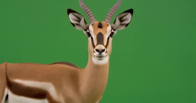 Closeup cinematography of a gazelle on a green screen, capturing its horns and facial features in high definition.