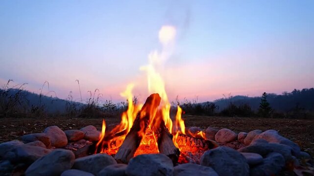 Medium shot of tritone flames flickering against the soft morning light Medium shot