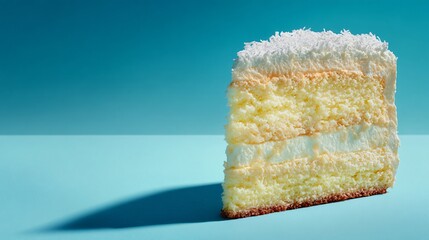 Fototapeta premium Italian cream cake slice on pastel blue background, fresh airy mood