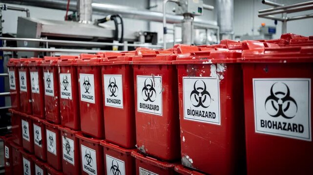 Highvolume medical waste processing area shown in medium shot emphasizing concentrated rows of labeled biohazard containers with the outer environment subtle and unfocused.