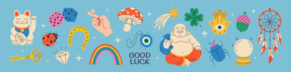 Fototapeta premium Lucky symbol vector set with fortune and good luck elements. Magic talismans. Horseshoe, dice, ladybug, Maneki Neko, hamsa hand, mushroom, clover, evil eye and shooting star. Flat illustrations 