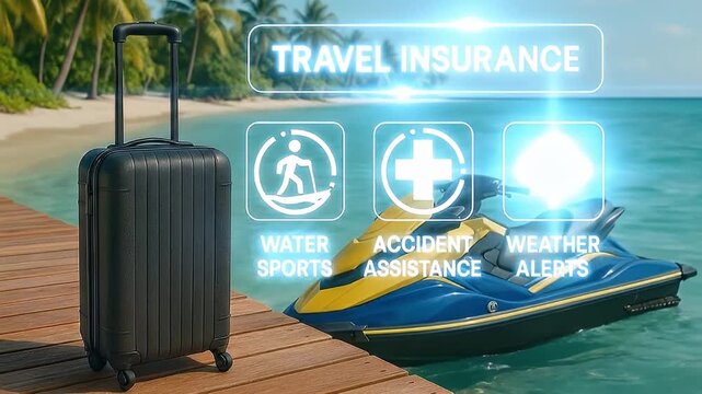 Travel insurance coverage with black suitcase wooden pier and jet ski tropical beach background highlighting water sports accident assistance weather alerts for summer vacation safety protection