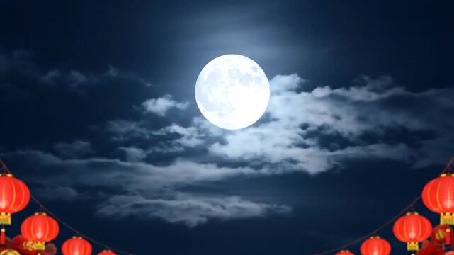 A serene night sky with a full moon shining through clouds, surrounded by red lanterns in a festive video scene