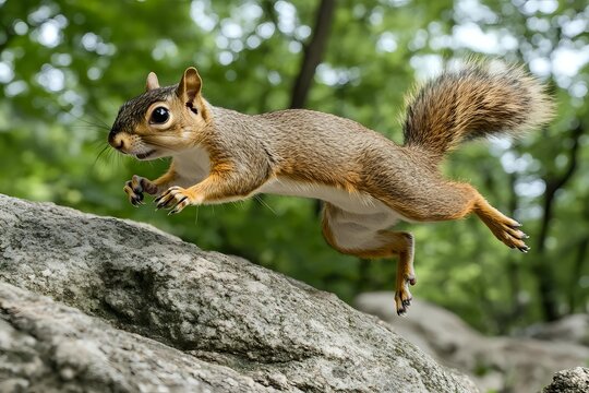 Gray squirrel leaping between rocks in natural forest habitat with green foliage background. Wildlife photography capturing dynamic movement and agility.