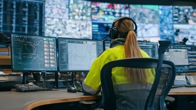 Medium shot of a technician monitoring a secure disasterresilient paging network control room during an emergency response drill