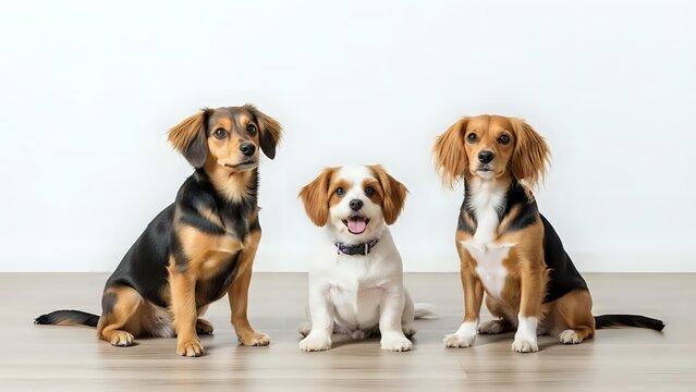 Three adorable puppies sitting together on wooden floor against white background, mixed breed dogs with brown and white fur patterns for pet care concepts.