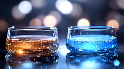 Two elegant glasses filled with amber and blue liquids creating stunning contrast against bokeh lights background for luxury beverage photography.