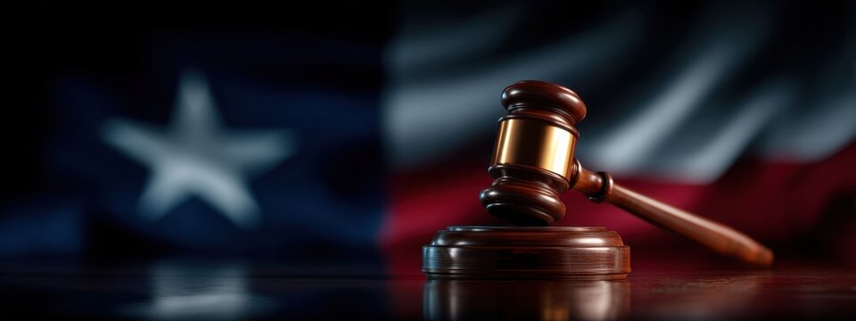 Gavel on table in front of Texas flag during a legal setting