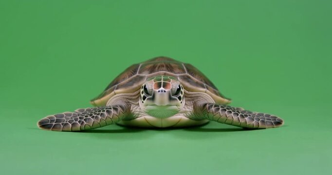 Sea turtle facing forward on green screen for chroma keying in video production