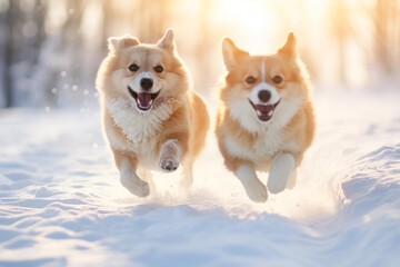Two happy corgi dogs running and playing together in snowy winter landscape