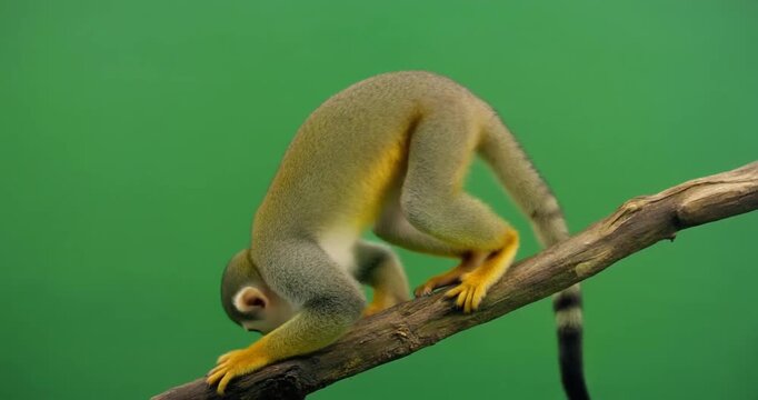 Green screen studio shot of a monkey perched on a branch, showcasing its agility and playful nature in a controlled environment.