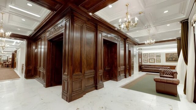 Medium shot capturing classic lobby renovation with ornate wood paneling and vintage chandeliers enhancing traditional customer space elegance.