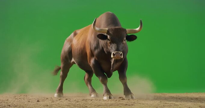 A powerful bull charges forward against a green screen background in a dusty arena