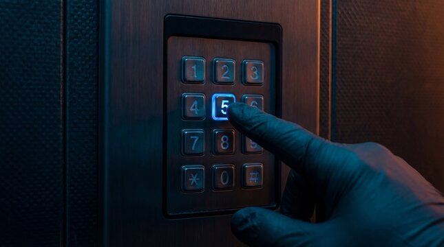 Close-up shot of a gloved hand pressing the elevator button 5