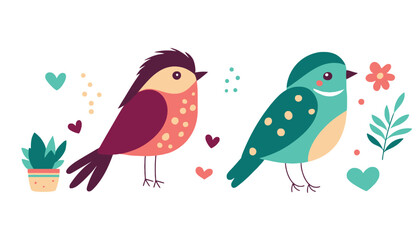 Naklejka premium Two colorful birds surrounded by hearts and flowers in a playful illustration