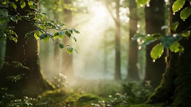 Mossy Forest Floor A ground-level view of a tranquil forest floor covered in rich, velvety moss and fallen leaves, exhibiting a silky texture and gentle light refractions.