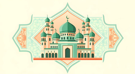 Fototapeta premium Symmetrical Green Mosque Illustration for Ramadan