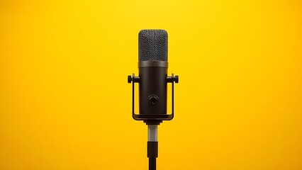 A studio microphone isolated on a bright yellow background, presented in a clean and minimalist product showcase.