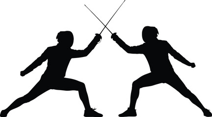 Fencers dueling with crossed swords in red background