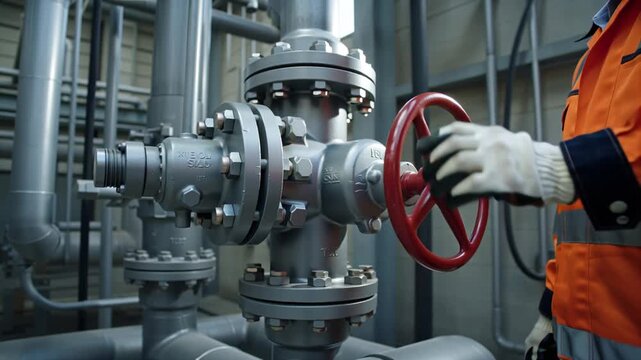 Men's hands in gloves, valve, and pipes inside an industrial workshop