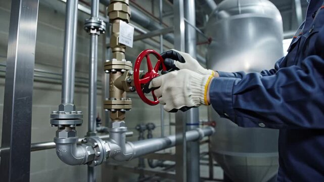Men's hands in gloves, valve, and pipes inside an industrial workshop