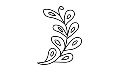 Elegant black and white line art of a stylized leafy plant branch isolated on white background, Vector