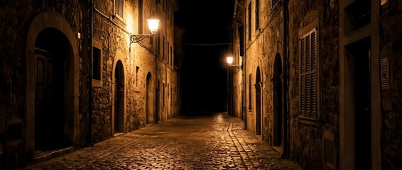 Obraz premium Narrow cobblestone street at night with warm glowing lanterns illuminating ancient stone buildings and arched doorways in historic European old town district.