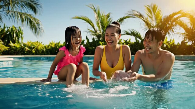 A man and a girl playing and splashing water in a swimming pool on a sunny day