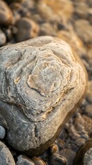 Fototapeta premium Weathered stone with natural spiral patterns among smooth river rocks creates organic texture for nature and geology themed designs.