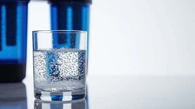 Clear glass filled with fresh drinking water having small air bubbles, placed on a on a smooth reflective surface, a modern blue dual-cartridge water filtration system in background.