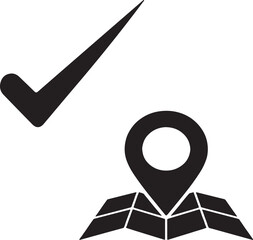 Checkmark and map pin graphic: location confirmed, vector illustration