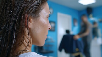 Young caucasian female in hair salon with blue walls