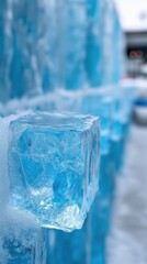 Obraz premium Close-up of blue ice cube in frozen winter landscape