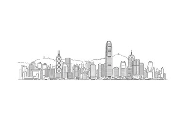 Fototapeta premium Hong Kong Skyline Line Art Silhouette with IFC, Bank China Tower, Victoria Peak, Cityscape Vector Illustration