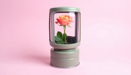 Obraz premium Rose in Glass Display Case on Pastel Pink Background