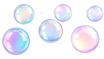 Seven translucent, iridescent spheres float against a stark black background